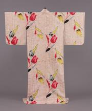 出品作品①「桃色地煉瓦チューリップ模様銘仙着物　昭和時代・20世紀」.jpg