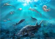 図４ 研究によるチョウザメ科化石の生態復元図と同時代の平取－穂別地域の生物　　復元画　©服部雅人氏　提供.jpg