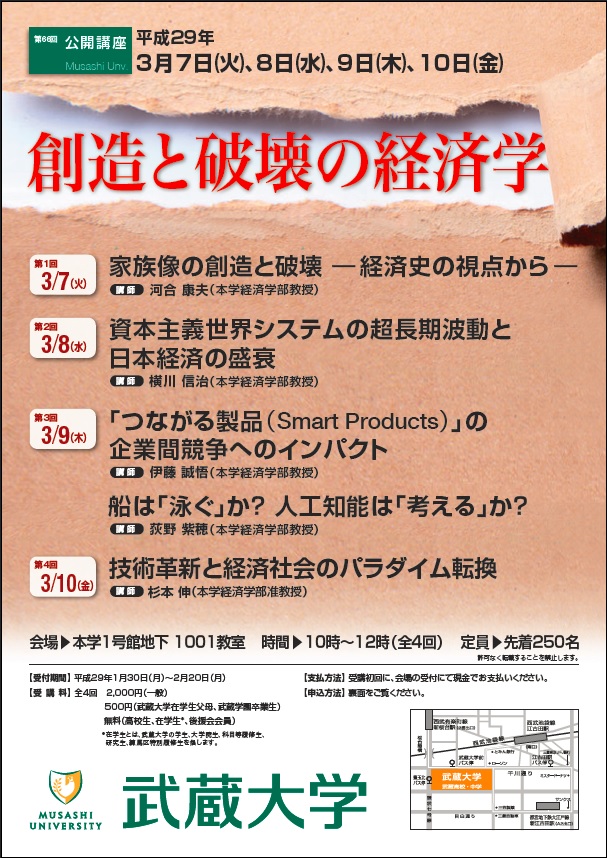 第66回公開講座「創造と破壊の経済学」を開催 -- 3月7・8・9・10日／10～12時　於：武蔵大学