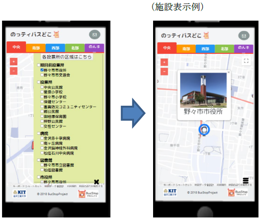 金沢工業大学BusStopプロジェクトが、野々市市の「バスどこシステム」の機能を拡張。病院や図書館などの主要施設をＷｅｂ画面上に表示し、利便性を向上。