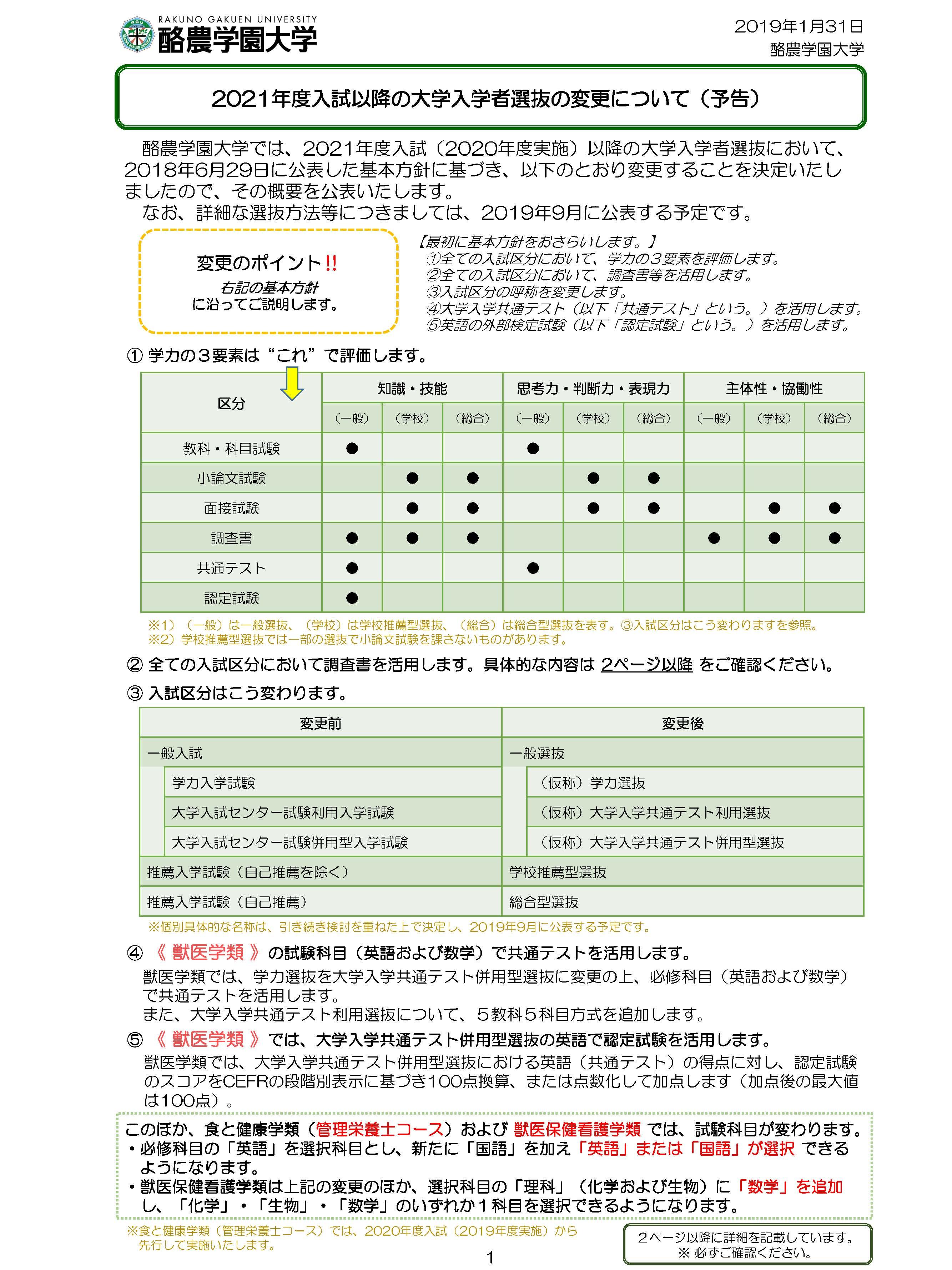 2021年度入試以降の大学入学者選抜の変更について（予告） -- 酪農学園大学