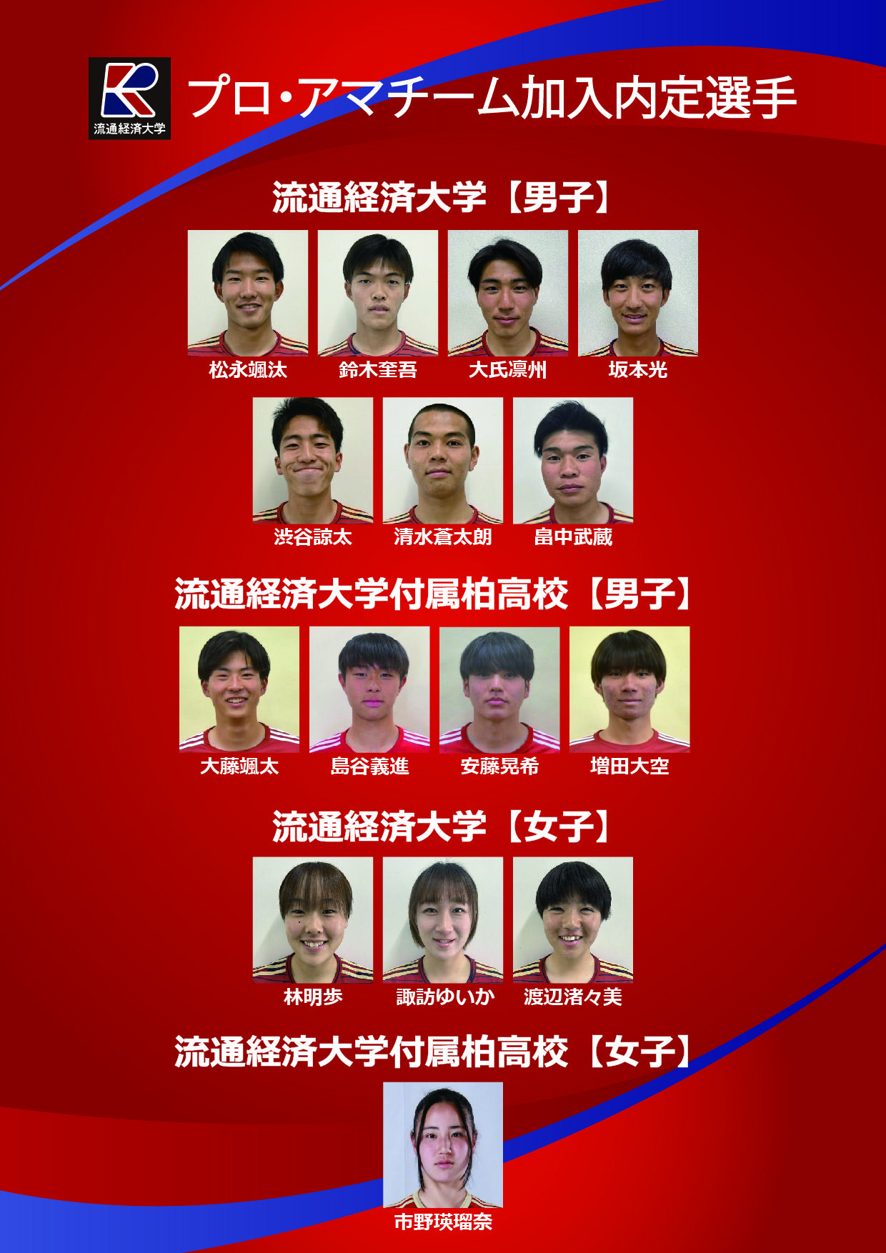 流通経済大学サッカー部と流通経済大学付属柏高等学校サッカー部の男女計15名が、プロ・アマチュアチーム加入内定!2025年12月8日(月)に合同記者会見を開催します