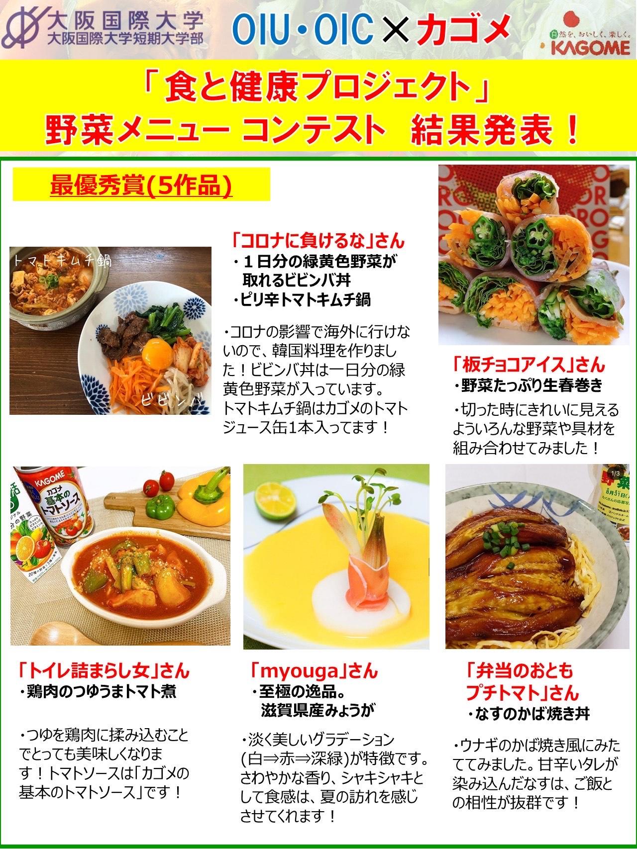 大阪国際大学・大阪国際大学短期大学部はインスタグラム企画「野菜メニューコンテスト」入賞者を表彰 ～ 最優秀メニューはカゴメ公式SNSに掲載 