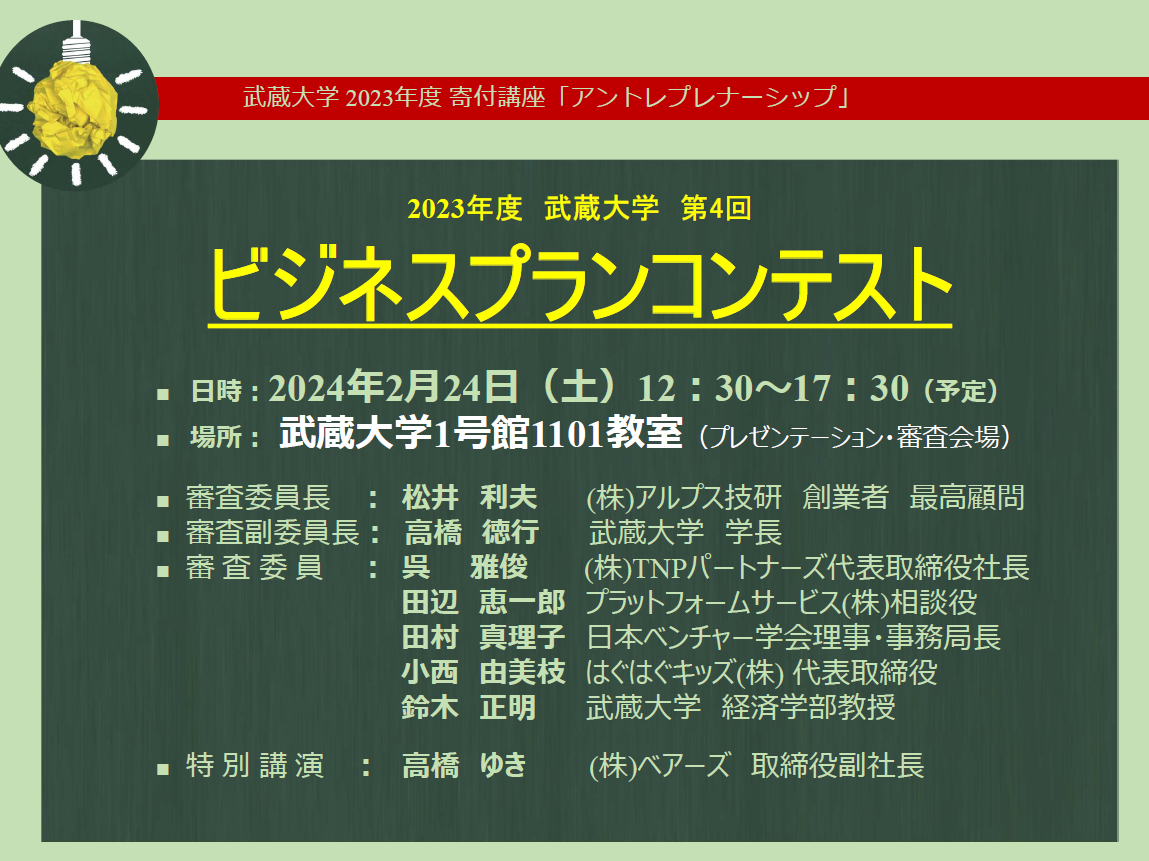 【武蔵大学】2月24日 アントレプレナーシップ 第4回「ビジネスプランコンテスト」開催―広く大学生・大学院生からアイデアを募集、選ばれた上位11チームがプレゼンテーション―