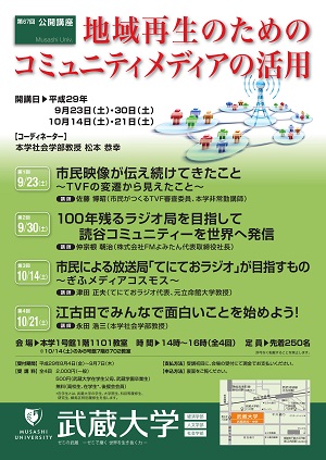 第67回 武蔵大学 公開講座「地域再生のためのコミュニティメディアの活用」 — 9月23日・30日・10月14日・21日／14～16時　於：武蔵大学
