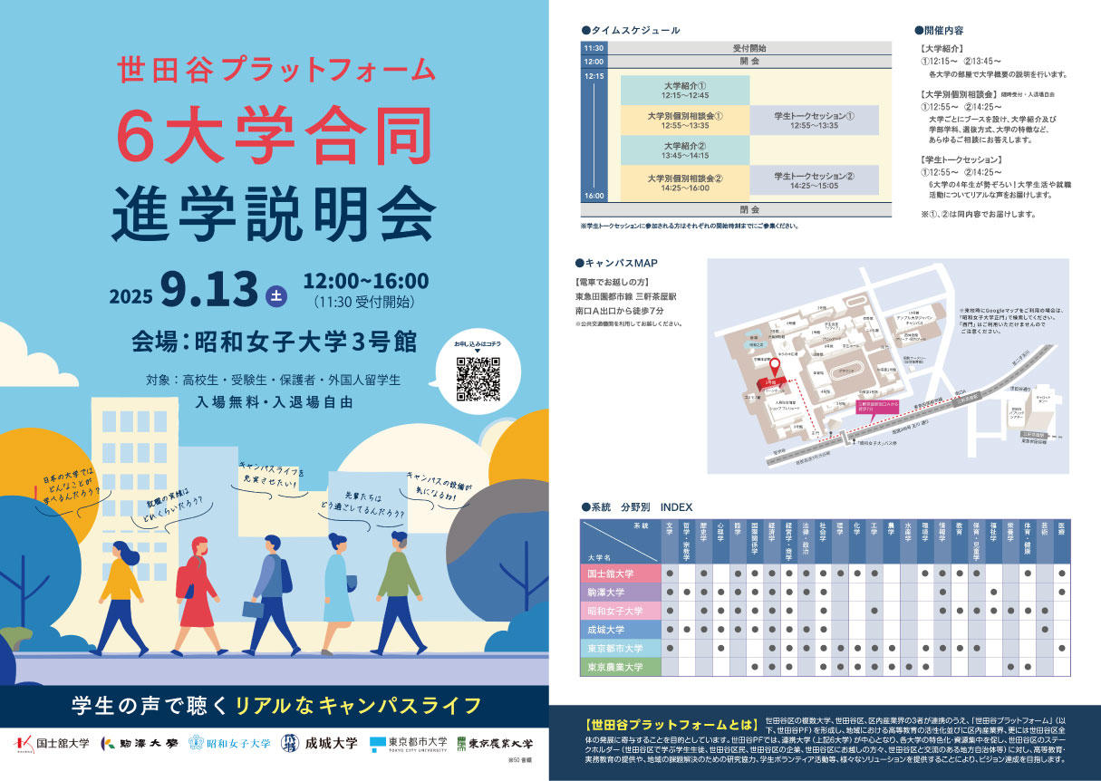 世田谷プラットフォームが9月13日に「6大学合同進学説明会」を開催 ― 高校生・受験生・保護者・外国人留学生が対象【駒澤大学・国士舘大学・昭和女子大学・成城大学・東京都市大学・東京農業大学】