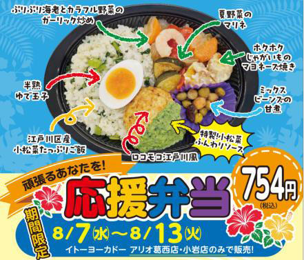 8月7日～13日 相模女子大学学生がレシピ考案した健康弁当をイトーヨーカドーで500食限定販売。江戸川区民は生活習慣病の有病率が高割合。いつも利用するスーパーで主食・主菜・副菜の揃ったバランスのよい1食を手軽に楽しんでほしい。