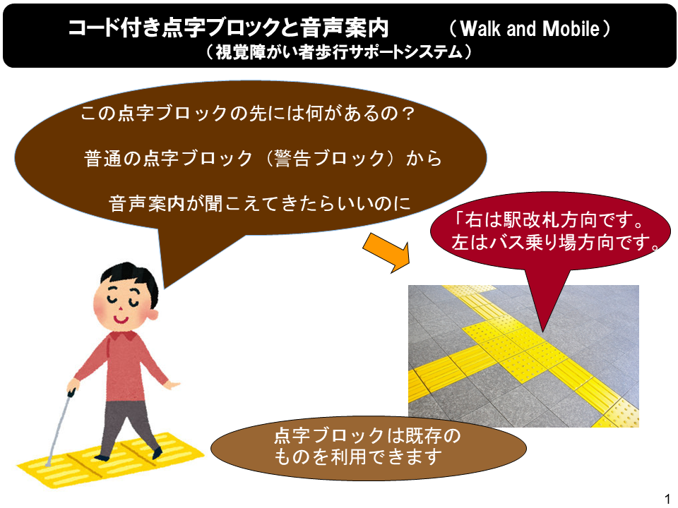 点字ブロックでAIが音声案内。プロトタイプの検証実験を金沢市と連携して実施。障がい者や外国人、観光客に対して案内情報の提供が可能なシステムの研究開発を目指す。 — 金沢工業大学