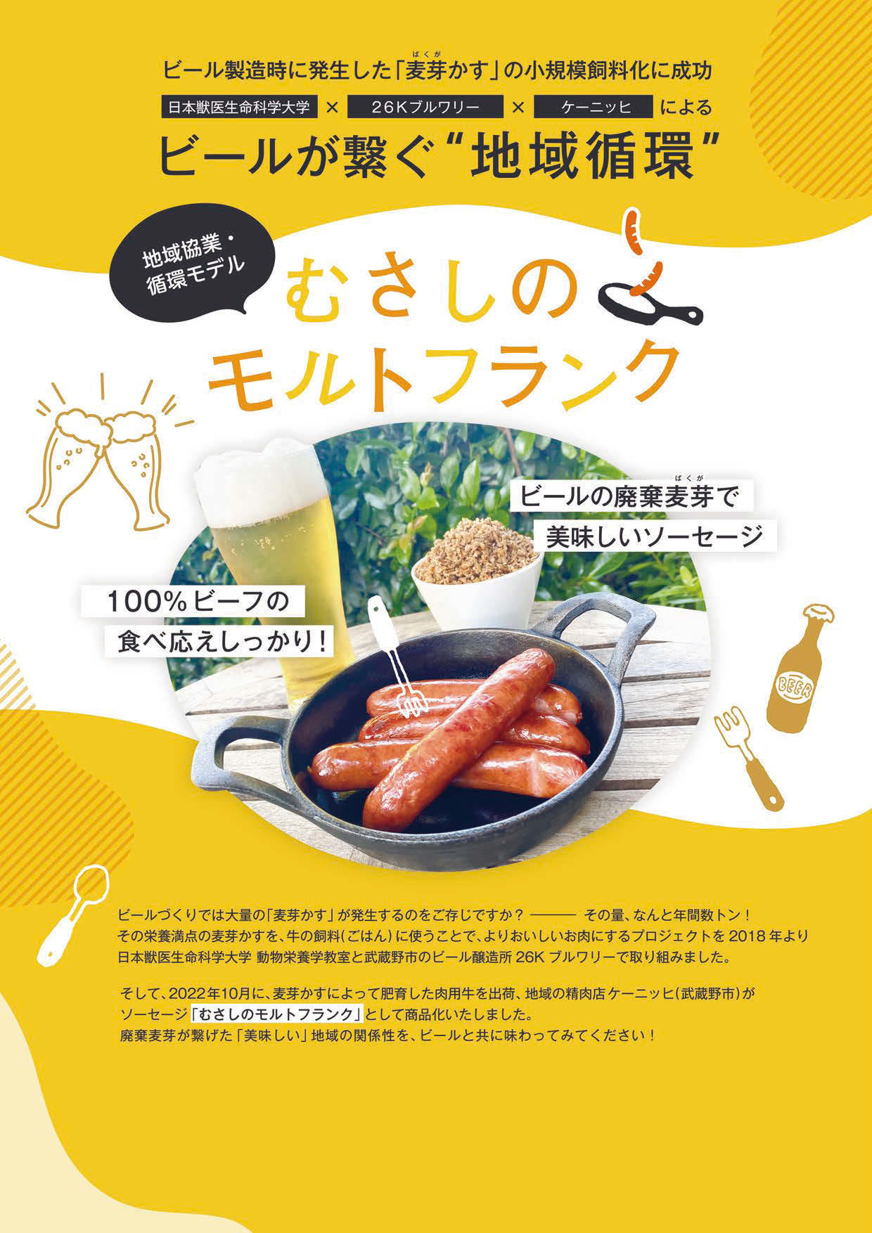 【日本獣医生命科学大学×26Kブルワリー×ケーニッヒ】柴田昌宏教授らがビール製造時に発生する「麦芽かす」の飼料化に成功、肥育した肉用牛のソーセージが商品化 — 廃棄麦芽が繋げる武蔵野市の地産地消
