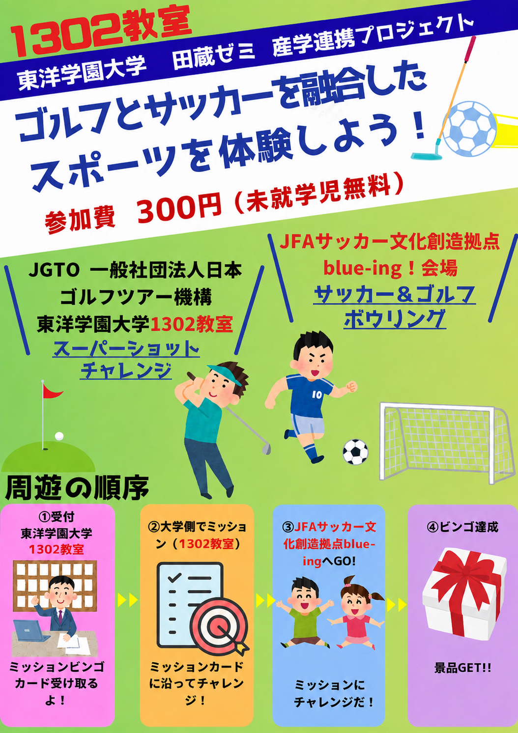 田蔵ゼミ、産学連携プロジェクト　大学とJFAサッカー文化創造拠点blue-ing!をミッションビンゴでめぐる　「ゴルフ×サッカー」の体験イベントを学園祭で開催　日時：2026年10月31日（土）・11月1日（日）　10時～